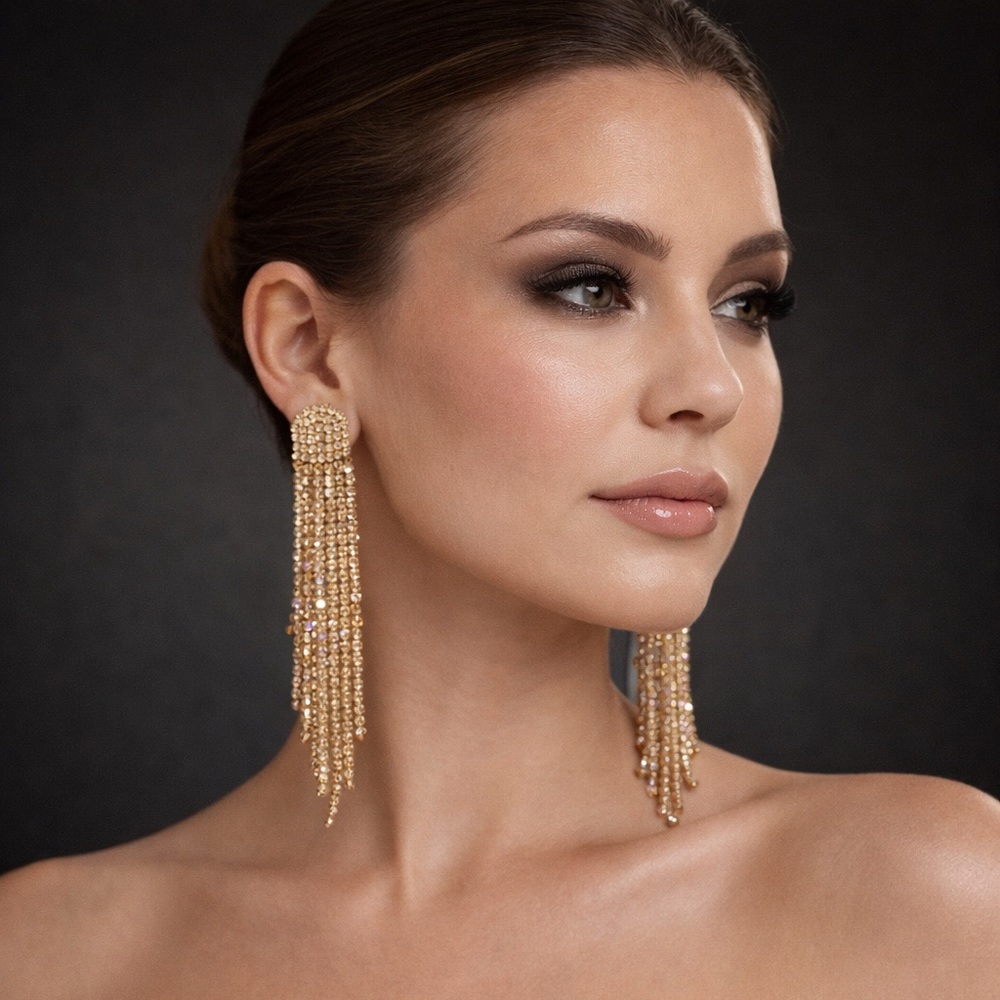 Rhinestone tassels clip on earrings NIB